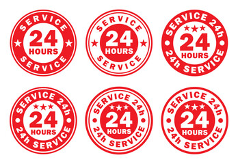 24 7 Service open 24 h hours a day and 7 days a week circle stamp icon. Shop support logo symbol sign button. Vector illustration image. Isolated on white background.