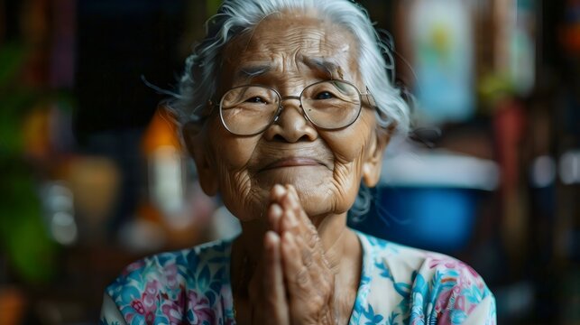Portrait of asian elderly woman with glasses praying and smiling showing respect and gratitude concept
