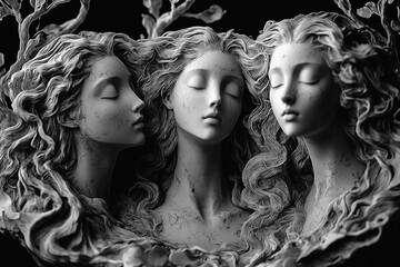 Three Nymphs deities who lived in caves, forests, fields, mountains, rivers and springs and personified the forces and phenomena of nature. Ancient mythology.