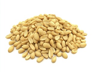 A sizable pile of shelled peanuts, pale yellow-beige in color, sits against a stark white background.  The peanuts are mostly uniform in size and shape