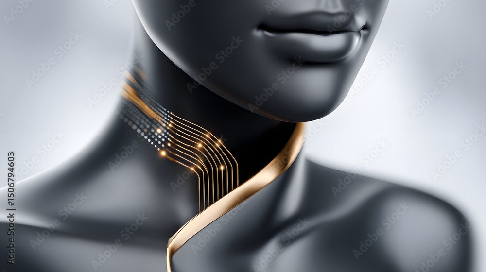 Poster hyper-advanced sentient ai in humanoid form, smooth obsidian skin with glowing golden circuits, levi