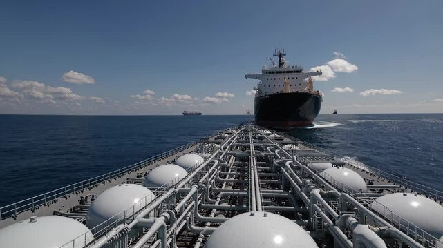 Lng tanker navigating on calm sea, another cargo ship passing by, view from the stern of the lng tanker