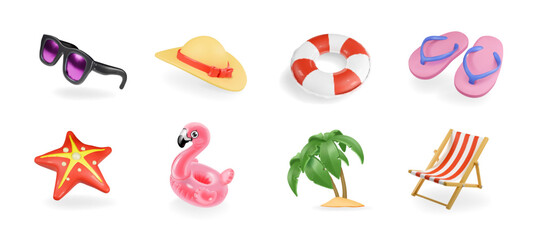 Summer beach 3d render vector icon set. Realistic palm tree, sunglasses, chaise lounge. Starfish, flamingo, flip flops. Fun sea travel holiday elements
