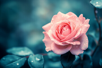 Pink rose with water drops on a soft focus background