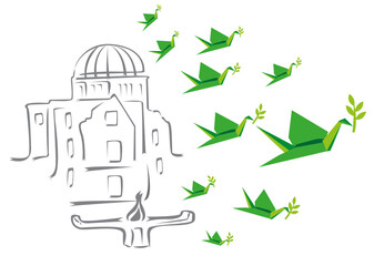 Origami cranes symbolizes Hiroshima Peace Park ad victims of nuclear war. A concept for the commemoration of the Atomic Bomb which was dropped  on August 6th, 1945. Editable Clip Art.
