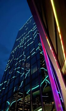 Vertical climb along neon-lit glass skyscraper fa&ccedil;ade at blue hour | 9x16 4K