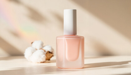 Nail polish bottle with soft pastel color beside fluffy cotton balls  