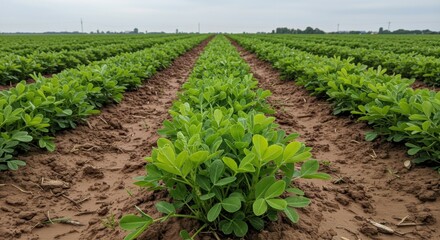 Lush green peanut plants growing in neat rows on a farm field under a cloudy sky, showcasing agricultural practices and crop health