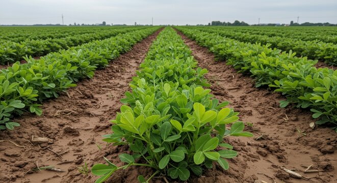 Lush green peanut plants growing in neat rows on a farm field under a cloudy sky, showcasing agricultural practices and crop health