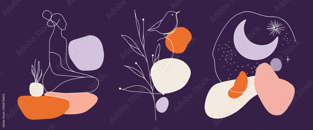 Poster abstract minimalistic line art design, isolated vector set