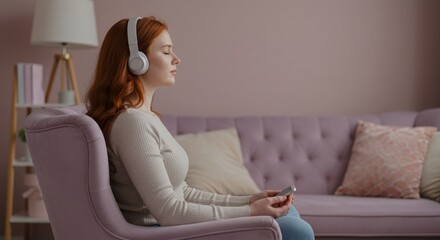Young Woman Enjoying Music in Cozy Living Room with Pink Walls