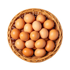 A wicker basket filled with several fresh brown eggs