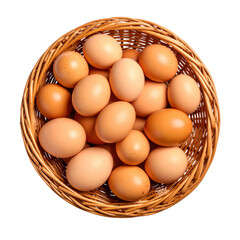 A wicker basket filled with multiple brown eggs, arranged closely together in a circular pattern