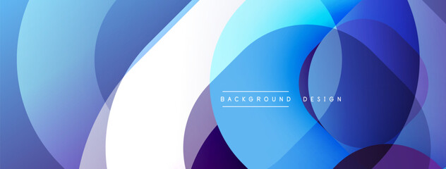 Abstract design features overlapping circles, gradients. Blue, purple hues dominate composition. Modern aesthetic, clean lines present.