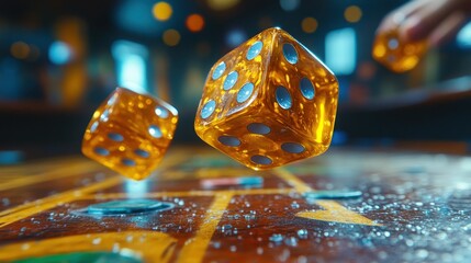 Dice in mid air above game table