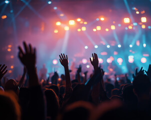 Silhouetted Party Crowd Under Colorful Lights. High energy view of cheering concert crowd in silhouette under stage lights and dynamic background haze. Perfect for music festival, nightlife, event 