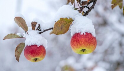 apple plant and apple fruit in winter, heavy snow
