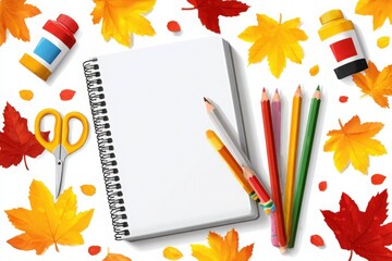 Stylized Art of Back-to-School Objects with Falling Autumn Leaves, AI Generated