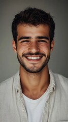 Fototapeta premium Portrait of a Happy Smiling Young Man with Dark Hair and Beard, Wearing a Light Beige Shirt and White T-Shirt Underneath