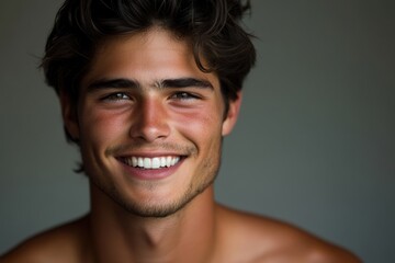 Obraz premium A sharp close-up of a young man with a radiant smile, clean-shaven face