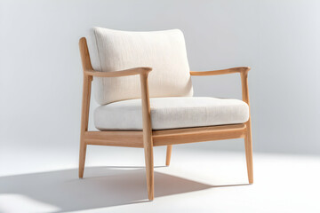 Fototapeta premium Modern upholstered armchair showcasing minimalist design with natural wood accents in a well-lit interior space