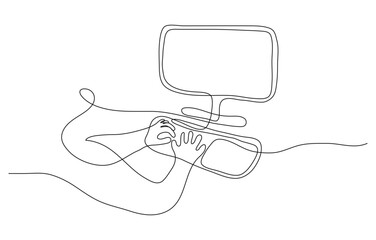Obraz premium Hands typing on laptop keyboard one line drawing. Inputting data, employee working, businessman. single hand drawn editable stroke. Outline dark administrator IT specialist accountant concept.