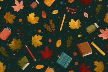 Seamless Pattern with Stationery and Autumn Leaves, Children's School Theme, AI Generated
