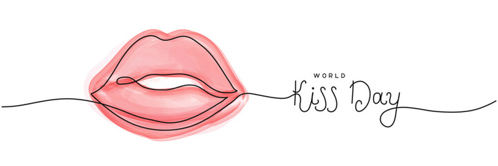 World kiss day one line art background with watercolor red lips. Editable stroke hand drawn lettering. Text banner template. Outline drawing with typography