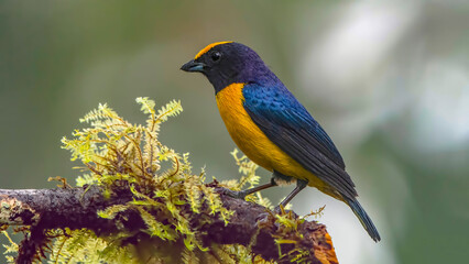 Yellow Bird. A Purple-throated Euphonia also known as Fim-fim perched on the branch. Species Euphonia chlorotica. Birdwatching. bird lover.