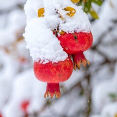 Pomegranates fruit plant in winter, heavy snow 