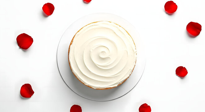  A top view of a simple round vanilla cake with smooth white frosting.