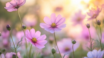 Fototapeta premium A soft-focus macro shot of pink hibiscus flowers, glowing under diffused sunlight