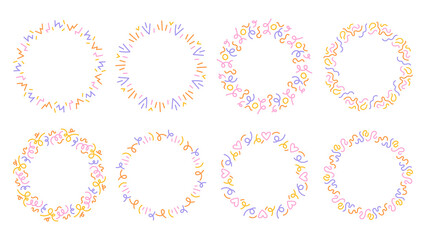 Celebratory Confetti Circle Frames Set. Colorful Curvy Lines Round Borders Collection for Holiday and Greeting Cards.