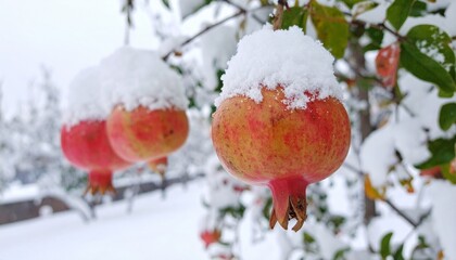  pomegranates fruit plant in winter, heavy snow 