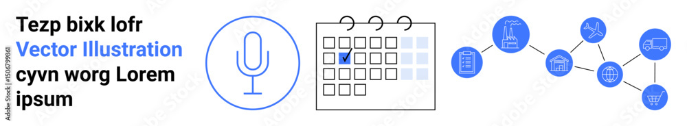 Poster microphone icon, calendar with a highlighted date, and interconnected nodes symbolizing networking, 