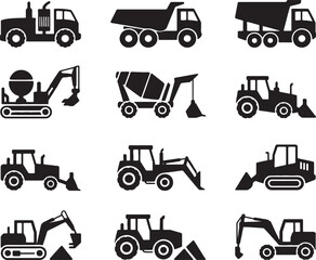 Heavy construction equipment icons black silhouettes