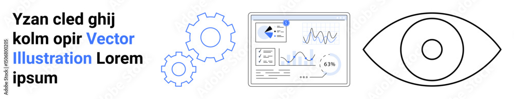 Poster analytics dashboard with graphs, two gear icons symbolizing optimization, and an eye representing vi
