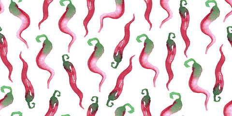 seamless pattern of watercolor red hot peppers illustration on white background. Hand painted elements