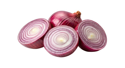 Red onion composition showing whole and cross section on white background