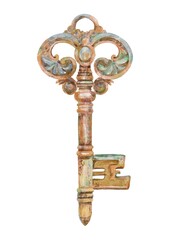 Vintage rusty iron key with ornate patina texture aged metal classic decorative relic closeup detailed antique object historic pattern green closeup isolated on white background