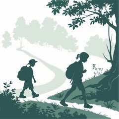 kids hiking with small backpacks silhouette vecto