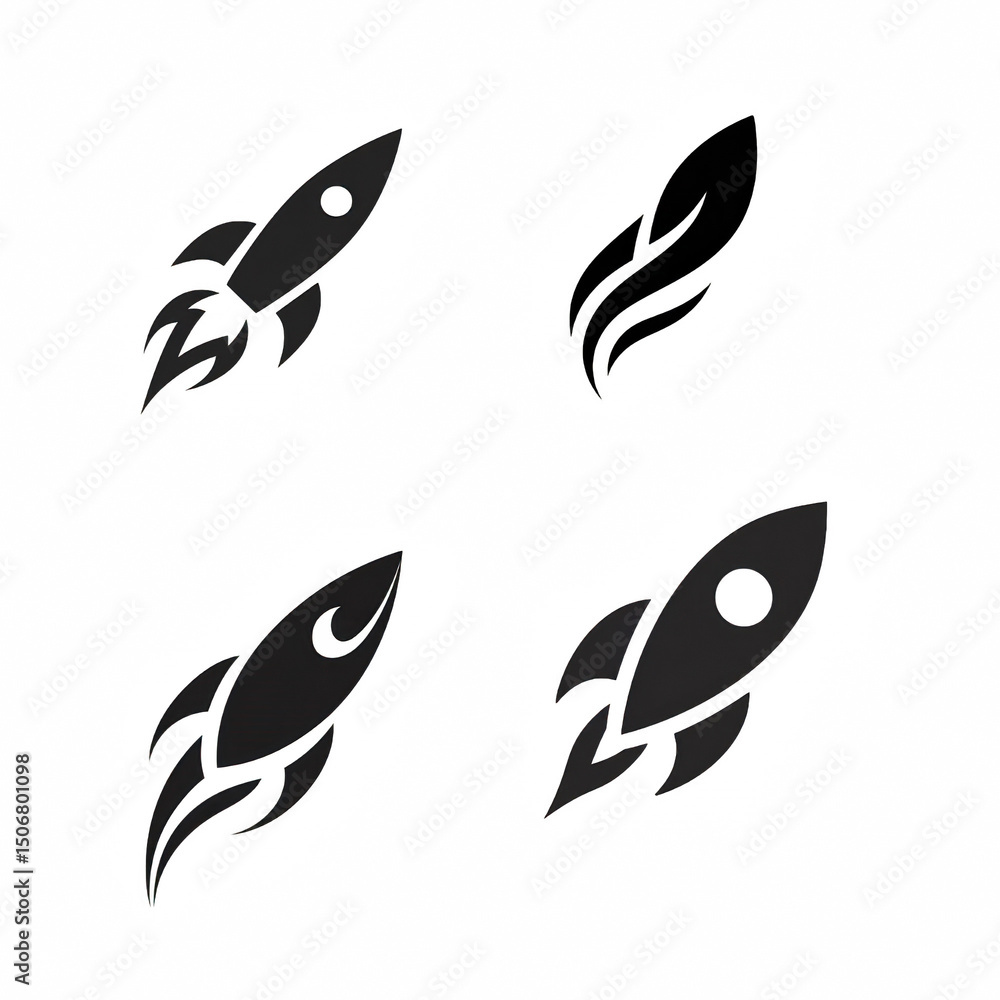 Poster four stylized rocket icons with distinct shapes and design elements.