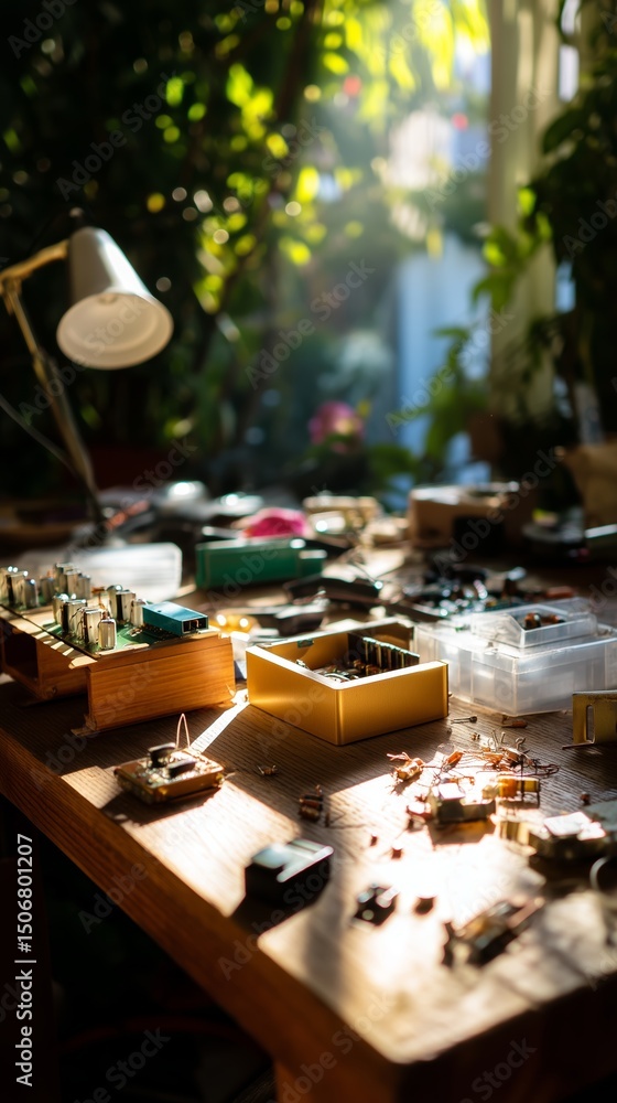 Poster crafting electronic circuits in a well-lit workspace filled with tools and components