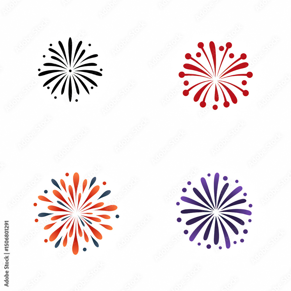 Poster colorful bursts of fireworks displayed in four distinct patterns.