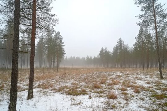 Misty winter forest scene with snow-dusted ground, tall pines flanking a clearing, extending into a hazy distance - Powered by Adobe