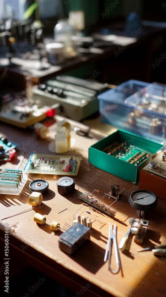 Poster crafting electronics in a workshop with various tools and components spread out on the table