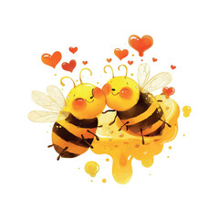 Cute cartoon bees sharing love on a bright background with hearts and cheerful expressions