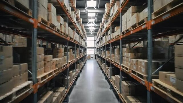 Explore a highly organized warehouse featuring rows of boxes on pallet racks. The efficient layout highlights inventory management and streamlined operations during busy hours.