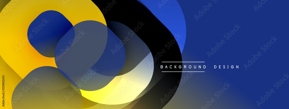 Aufkleber Abstract composition features overlapping circles, yellow, blue hues. Modern design with dark background, text elements present.