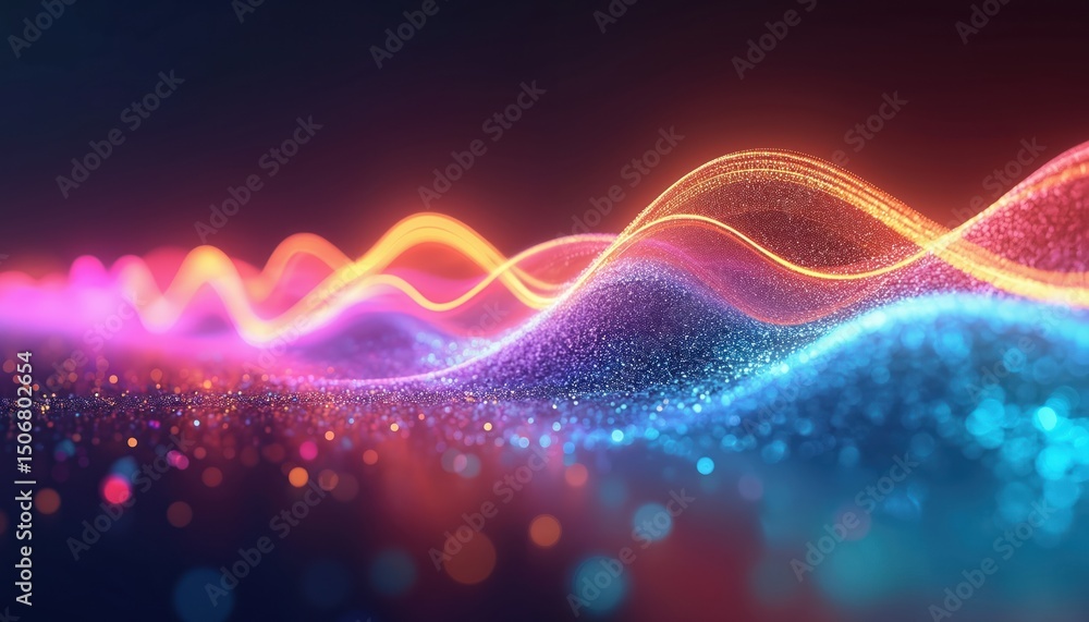 Poster Dynamic neon light waves represent data visualization on dark background. Vibrant abstract concept for technology music themes. Illustration of digital sound frequency equalizer. Modern futuristic